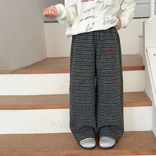 依依妈女童冬季加厚保暖条纹裤子中大儿童韩版洋气加绒休闲直筒裤
