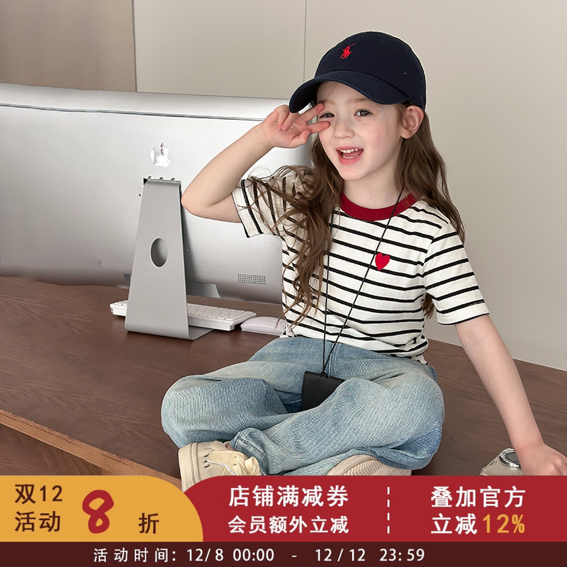 女童韩版半袖洋气撞色刺绣爱心T恤夏季新款儿童条纹短袖打底衫潮