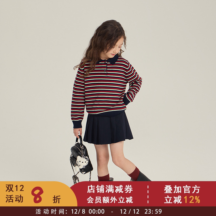 含羊毛~复古翻领条纹针织毛衣女童秋装儿童Polo衫学院风时髦上衣