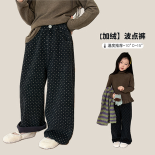 依依妈女童甜美加绒直筒波点裤中大儿童冬季加厚保暖裤宝宝裤子潮