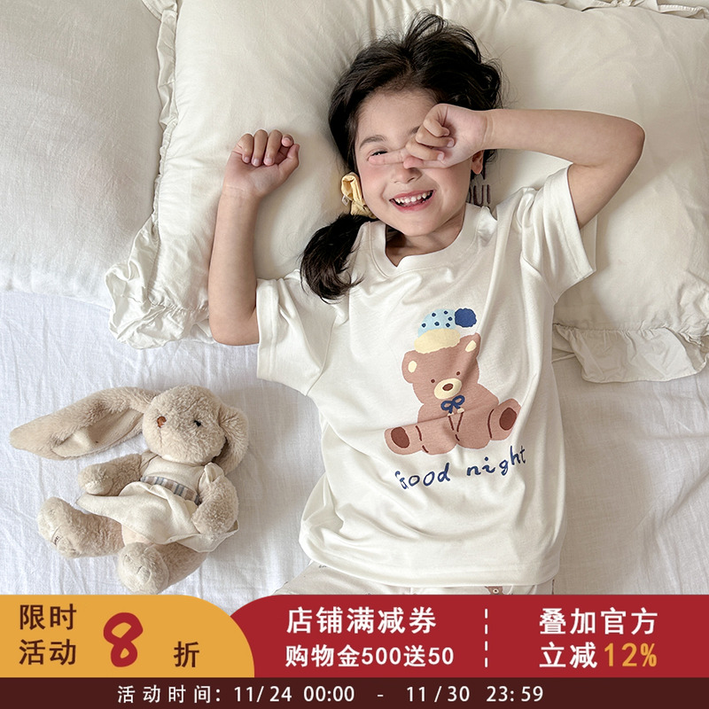 儿童新款睡衣中大小女童宝宝居家睡裙莱赛尔罗纹可爱小熊家居服潮