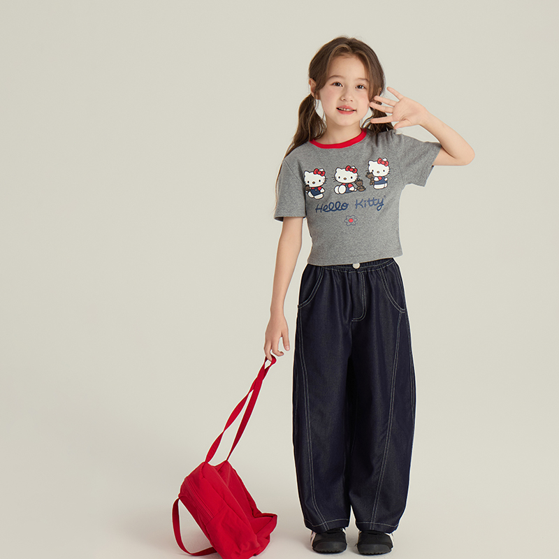 依依妈中大童时髦短款卡通猫咪T恤儿童夏装短袖女童拼色正肩上衣