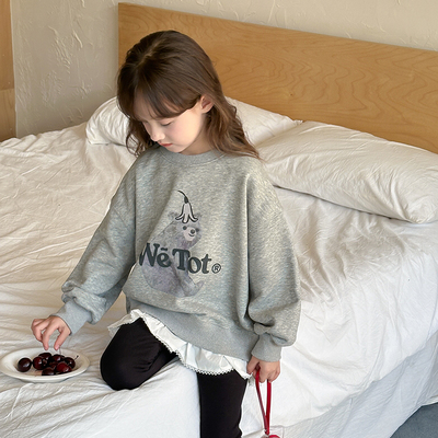 女童洋气假两件蕾丝设计休闲灰色卡通卫衣2025春秋童装儿童上衣潮