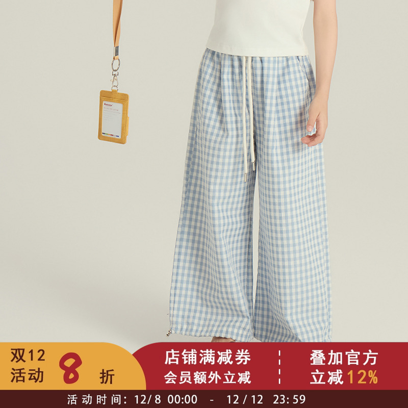 依依妈童裤2025夏季女童小清新格子裤中大童宽松休闲裤百搭阔腿裤