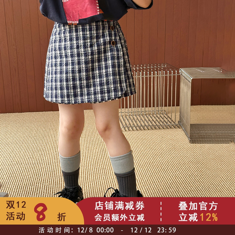依依妈女童夏季设计感泡泡棉短裤儿童时髦复古撞色格子半身裙裤潮