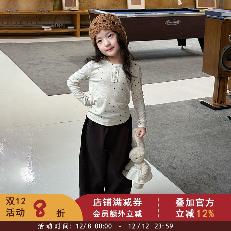 依依妈女童春秋装女童软糯羊绒棉坑条打底衫儿童波点长袖T恤上衣