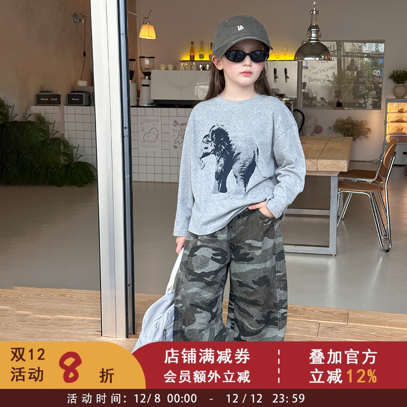 依依妈2025秋装女童宽松打底衫儿童韩版休闲卡通大象印花长袖T恤