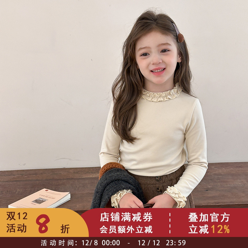 秋冬新品中大女童韩版甜美立体花边领长袖打底衫儿童纯色百搭上衣
