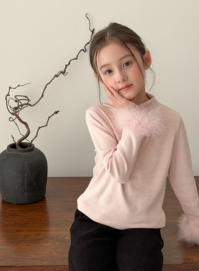 拜年服内搭的小tips 女童洋气软糯精致毛毛袖口拼接打底衫儿童T恤