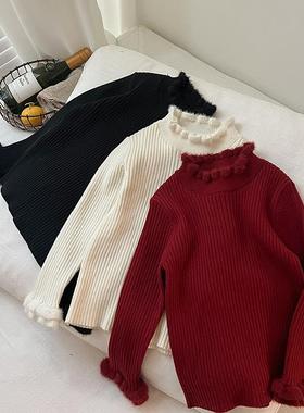 2025冬季新款儿童洋气甜美内搭针织上衣宝宝童装女童甜美花边毛衣