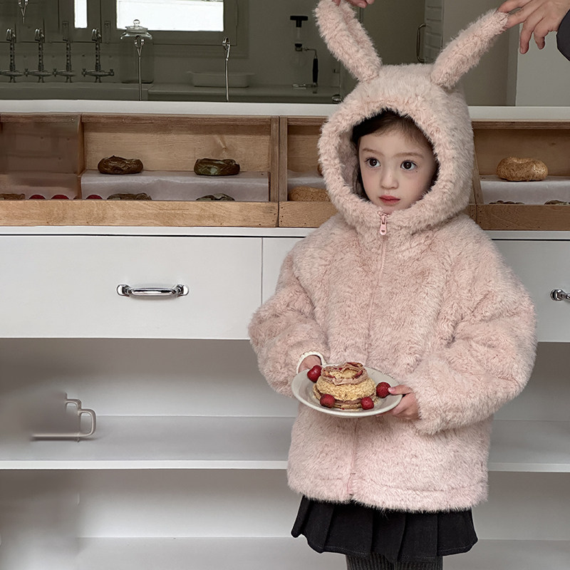 女童兔子加厚毛绒连帽卫衣棉服儿童宝宝加绒冬季保暖可爱夹棉外套