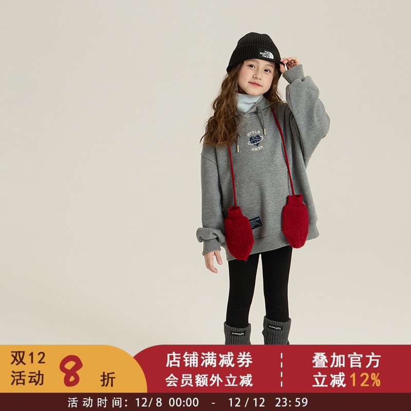 依依妈儿童字母爱心加绒连帽卫衣冬装新款男女童宽松帽衫百搭上衣