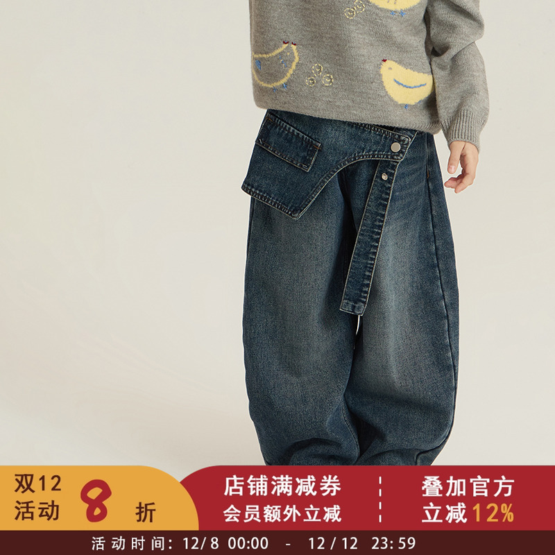 依依妈女童韩版加绒加厚屁帘个性牛仔裤中大儿童宽松休闲阔腿裤冬