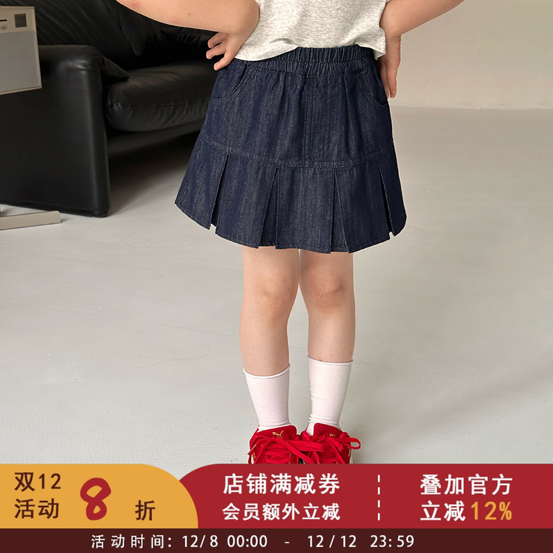 依依妈女童品质防掉色复古水洗棉牛仔短裙儿童贴心防走光半身裙子