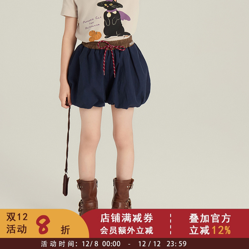 依依妈女童韩版纯色甜美花苞短裤夏季新款儿童宽松拼接抽绳灯笼裤