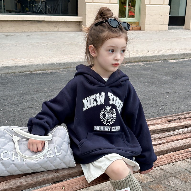 依依妈女童奥粒绒字母连帽卫衣儿童冬季加厚加绒保暖上衣亲子童装