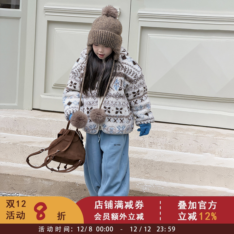 依依妈儿童浪漫费尔岛提花棉服女童加厚保暖夹棉毛绒外套冬季上衣