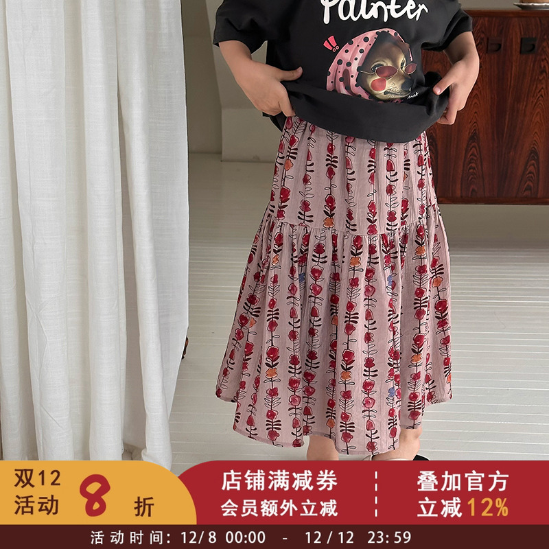女童韩版森系田园风半身裙中大儿童时髦优雅温柔大裙摆撞色碎花裙