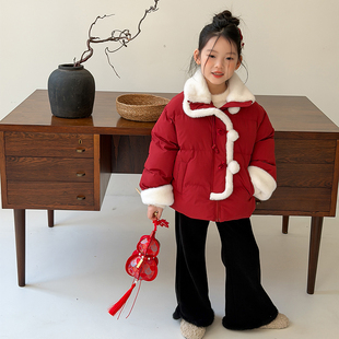 新年拜年服~儿童可爱毛绒撞色拼接球球棉服女童加厚保暖棉衣外套