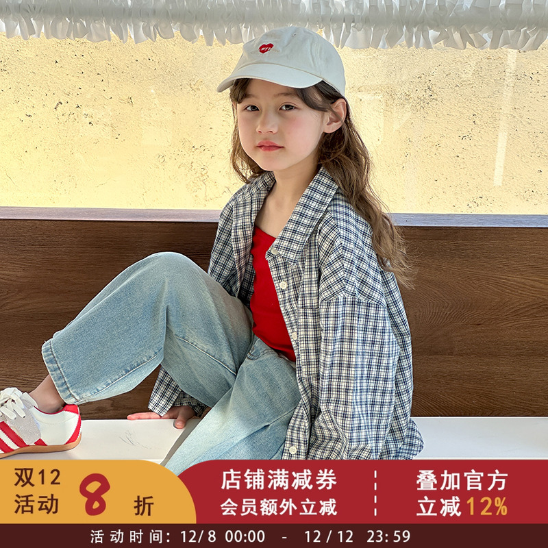 中大童衬衣儿童秋装休闲格子衬衫女童韩版中性风宽松洋气薄款外套