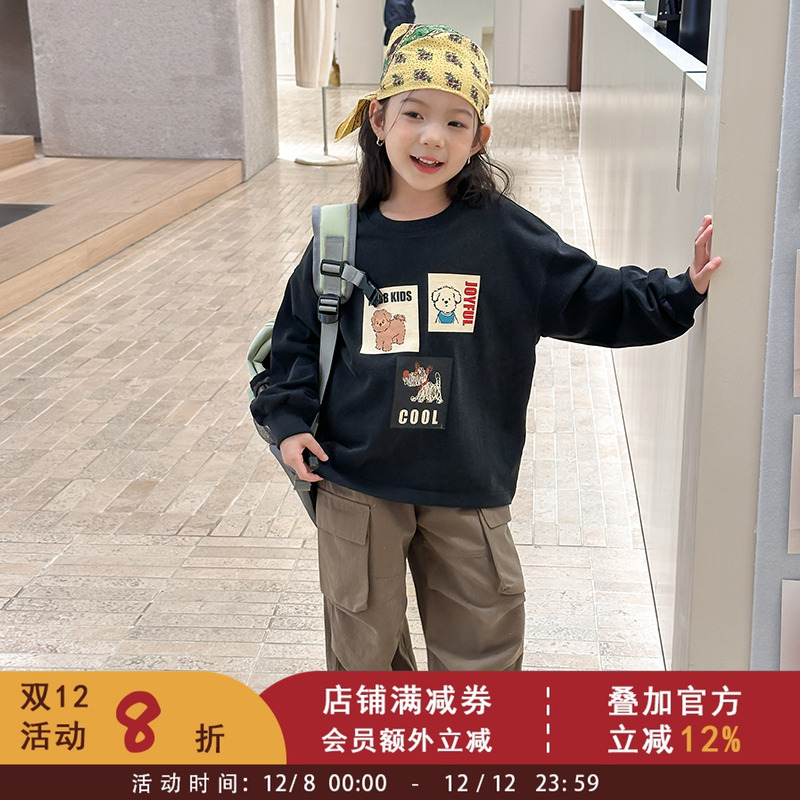 2025秋冬儿童韩版小狗嘻哈黑色潮酷卡通卫衣女童百搭圆领长袖上衣