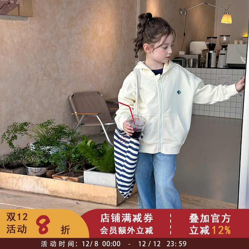 依依妈女童秋装洗水棉连帽拉链衫上衣宝宝宽松卫衣儿童韩版外套潮