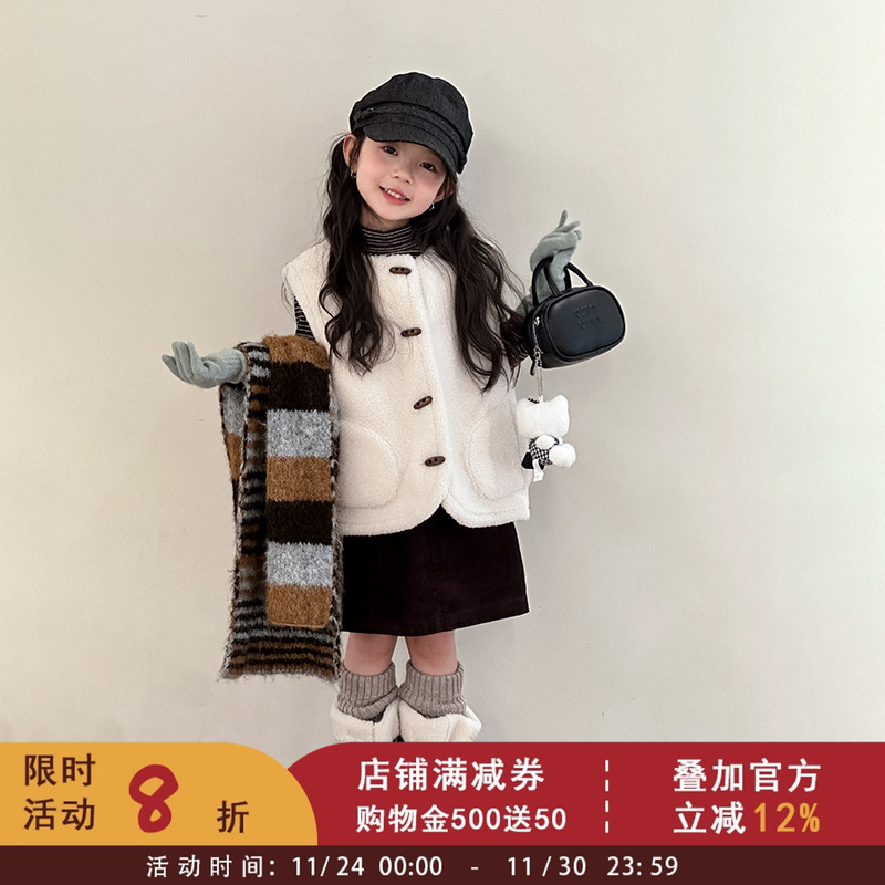 2025秋冬装女童韩版复合麂皮绒马甲中大儿童无袖保暖坎肩毛绒上衣