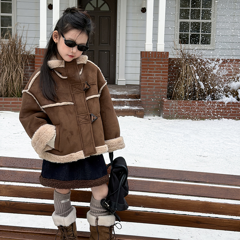 依依妈女童皮毛一体麂皮绒棉服儿童加绒加厚保暖外套亲子款棉袄冬