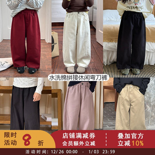 水洗棉休闲裤 子儿童时髦设计感拼接百搭纯色弯刀裤 纯棉裤 女童秋装
