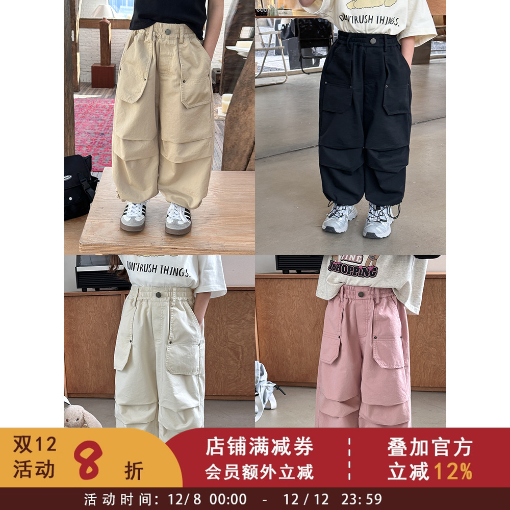 女童韩版帅气褶皱工装裤2025春秋新款儿童帅气口袋休闲裤宝宝裤子