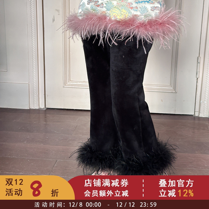女童鸵鸟毛可拆卸加绒喇叭裤宝宝休闲长裤儿童保暖百搭毛边微喇裤