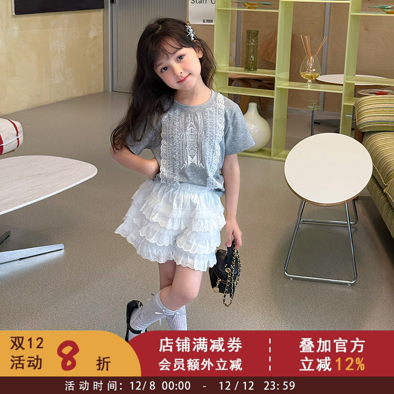 依依妈2025夏季儿童甜美芭蕾风短袖女童洋气精致蕾丝拼接T恤上衣