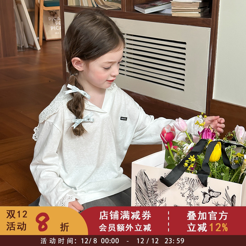 依依妈女童甜美蕾丝连帽衫夏儿童洋气小V领打底衫字母长袖T恤上衣