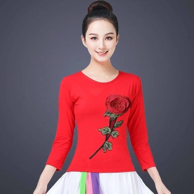 广场舞服装上衣莫代尔棉跳舞服装玫瑰花绣花款演出服