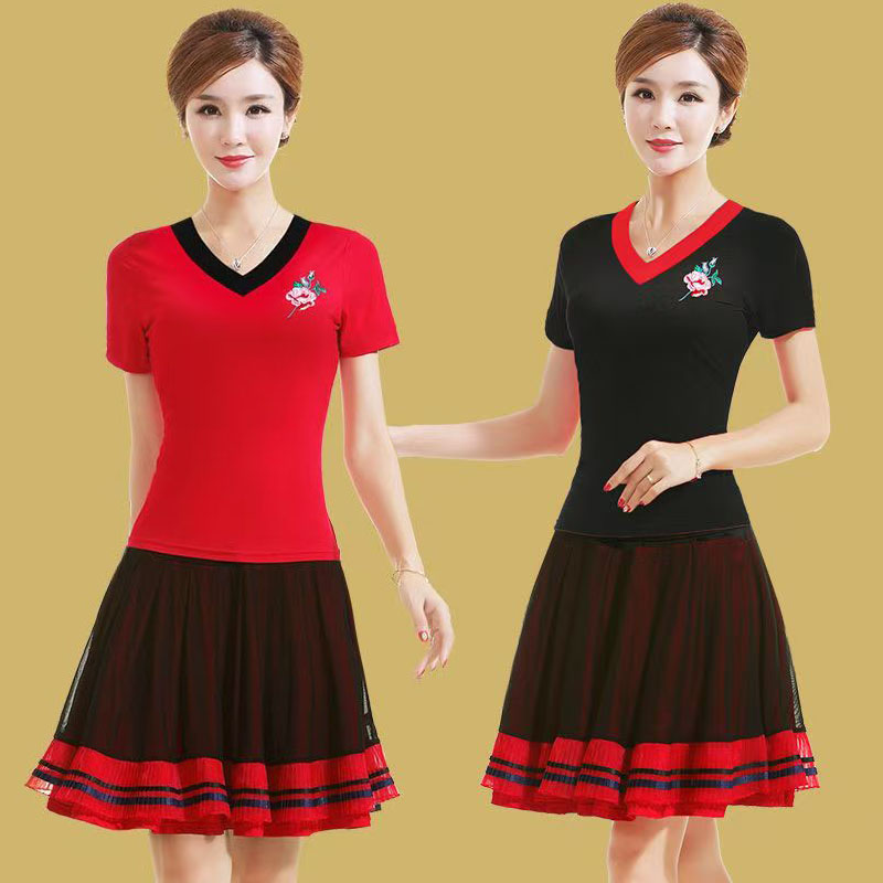 广场舞服装莫代尔棉跳舞服装V领广场舞上装