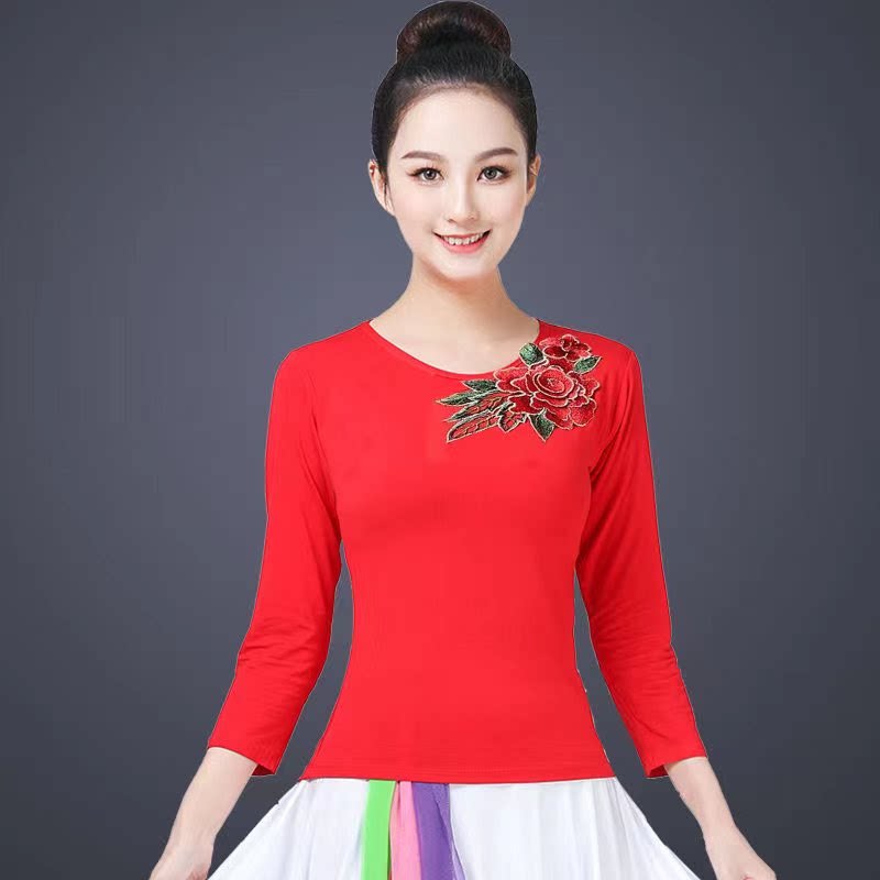 广场舞服装上衣莫代尔棉跳舞服装玫瑰花绣花款演出服