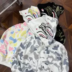 Autumn and Winter Camouflage Shark Embroidered Double-Hooded Sweatshirt for Men and Women, Couple's Hooded Zip-Up Cardigan, Loose Top, Jacket, Coat