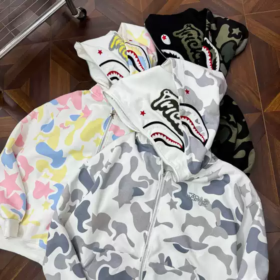 Autumn and Winter Camouflage Shark Embroidered Double-Hooded Sweatshirt for Men and Women, Couple's Hooded Zip-Up Cardigan, Loose Top, Jacket, Coat