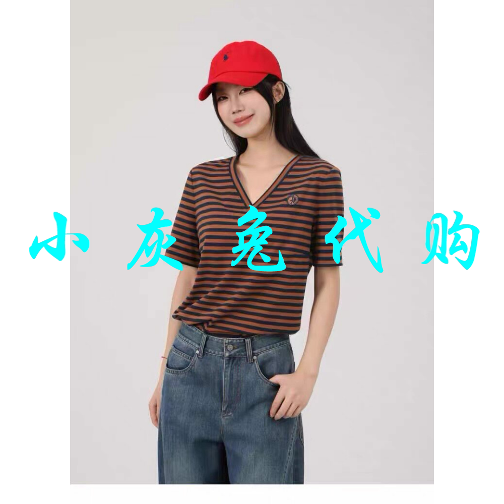 小灰兔正品2026夏新款百搭气质宽松显瘦条纹V领女士短袖T恤130148