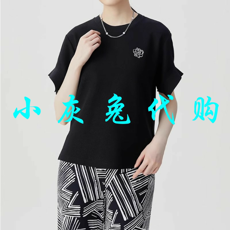 小灰兔正品2025夏新款宽松圆领细闪短袖印花休闲百搭T恤1300929