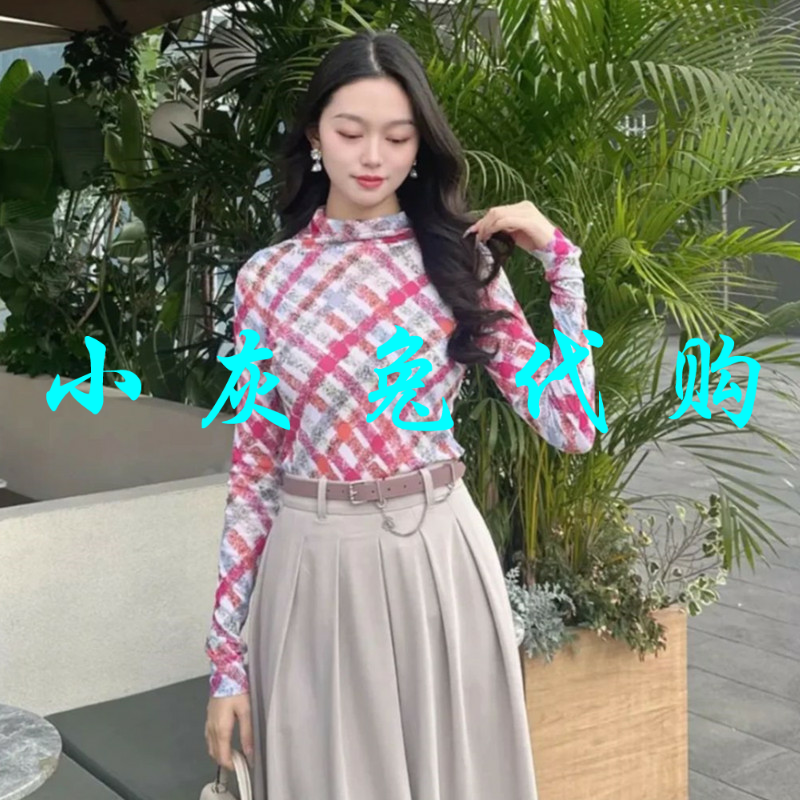 小灰兔2025春新款半高领格纹打底纱衣1300237-2A73265-