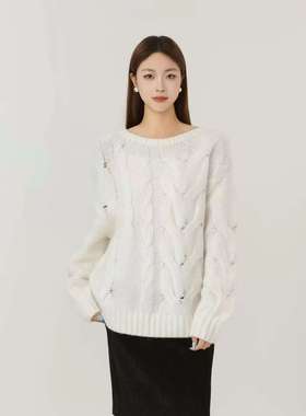 小灰兔代购2025秋新款蕾丝圆领提花针织衫毛衣538098-7T53271