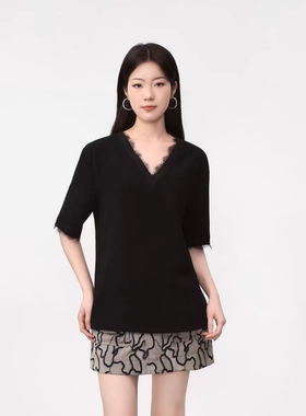 小灰兔代购2026夏新款V领蕾丝宽松拼接短袖T恤上衣530114-249111
