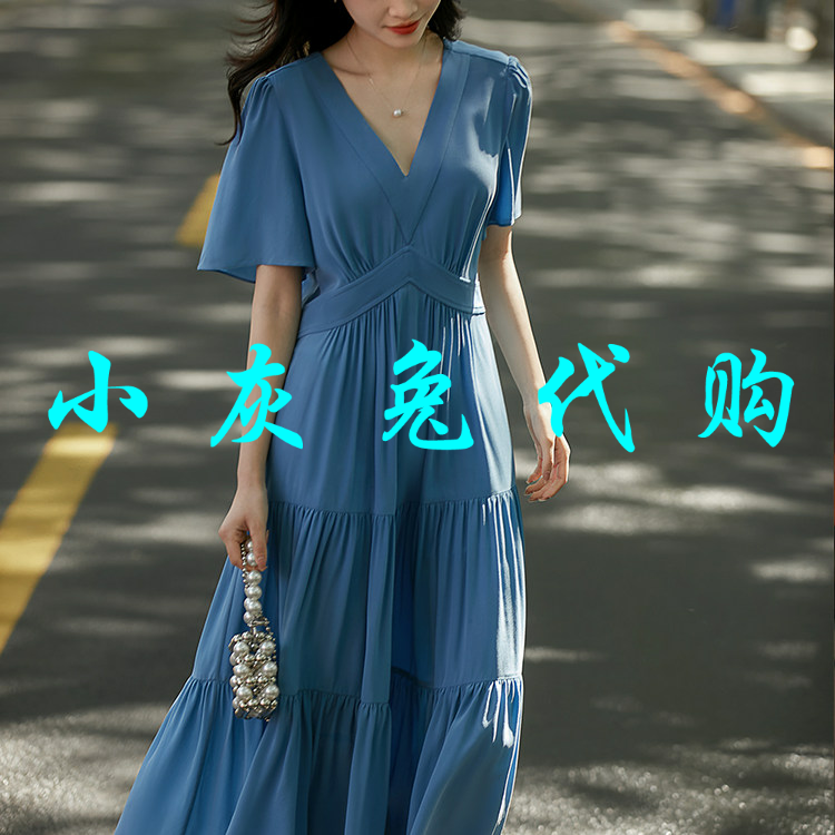 小灰兔代购2026夏新款经典显瘦法式V领收腰短袖连衣裙5503355