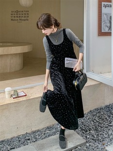优雅背心长裙 法式 金丝绒碎花黑色无袖 连衣裙两件套女秋冬2025新款