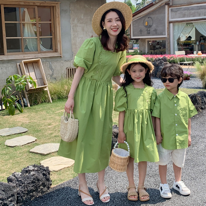洋气一家四口母子母女衬衫连衣裙