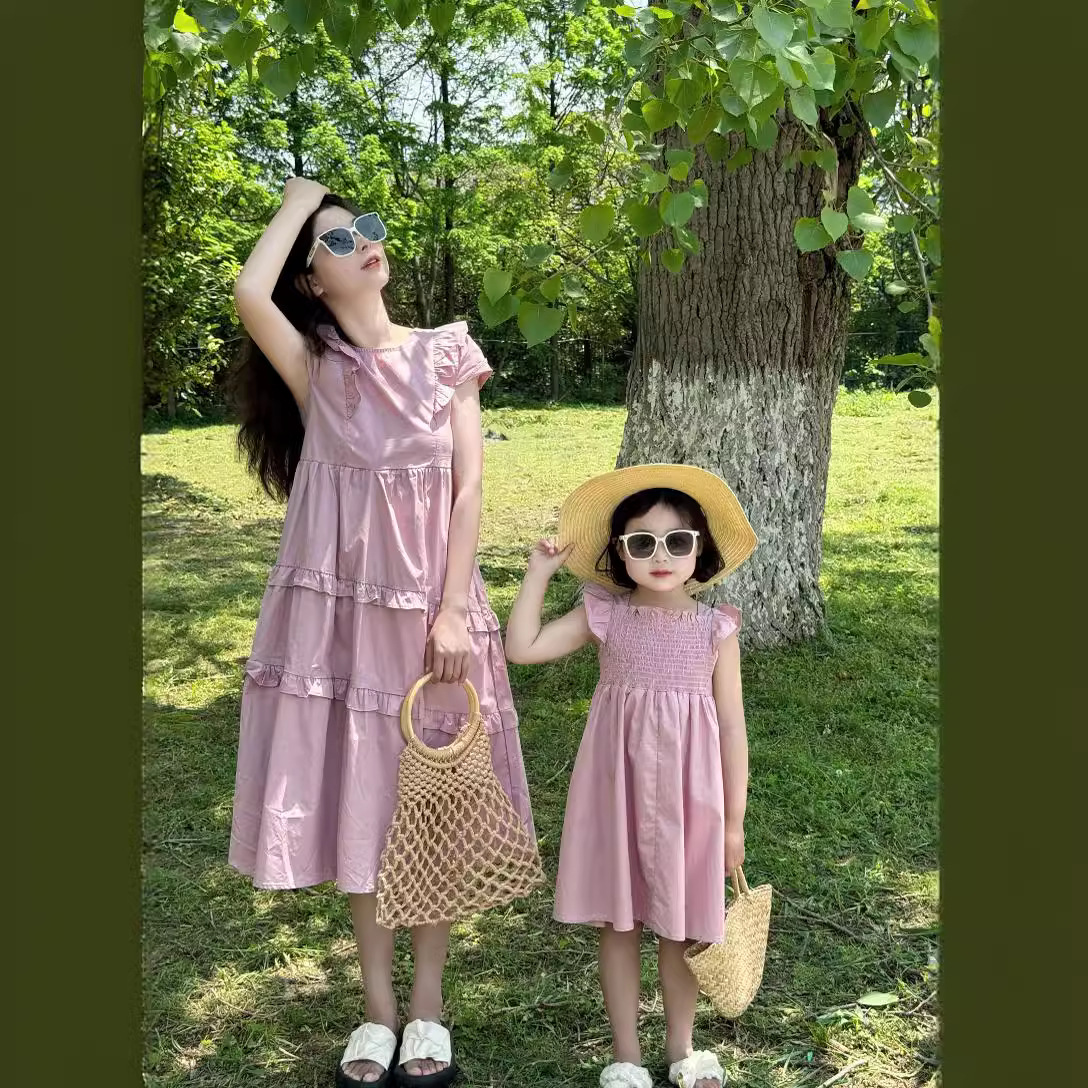 韩版亲子装童装夏款母女装浅紫色连衣裙中小童女童纯棉无袖公主裙