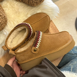 厚底增高棉拖鞋冬季保暖民族风编织一脚蹬皮毛一体雪地靴女新款