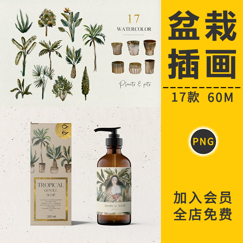 手绘水彩水墨热带雨林植物花盆盆栽芭蕉叶插画元素PNG免抠PS素材