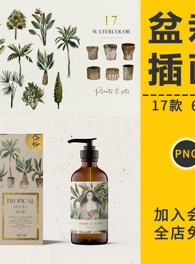 手绘水彩水墨热带雨林植物花盆盆栽芭蕉叶插画元素PNG免抠PS素材